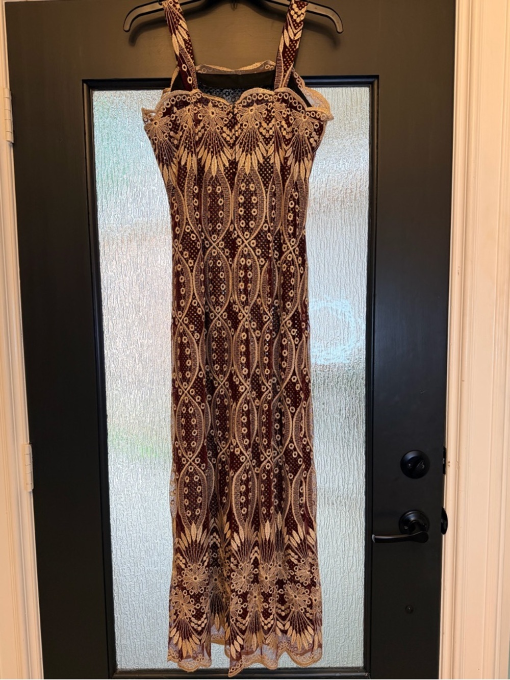 ✨ Vintage Sung USA Burgundy Gold Metallic Lace Gown – Size M – Made in USA ✨ - Picture 4 of 16